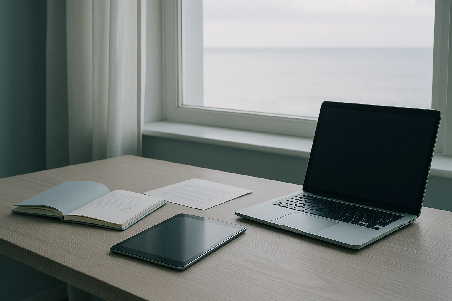 Roligt editorial hero-billede med notes, skærm og havudsigt