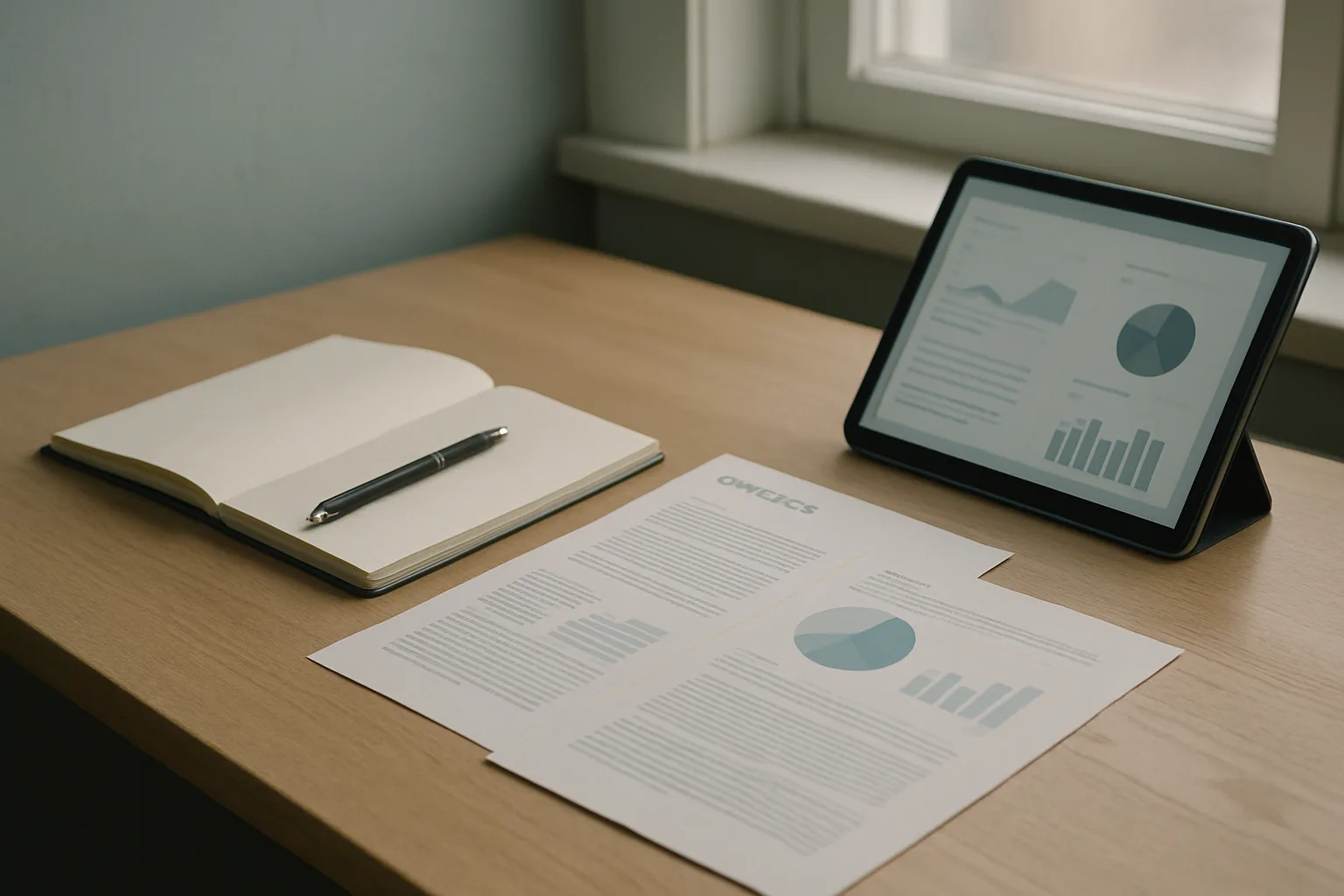 Editorial still-life med dokumenter, struktur og prislogik